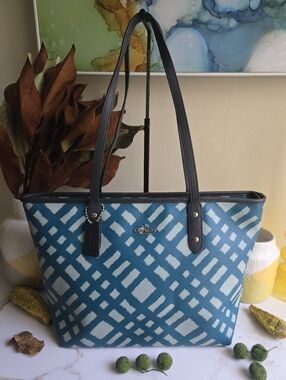 EUC Coach City Zip Tote Bag In Wild Plaid